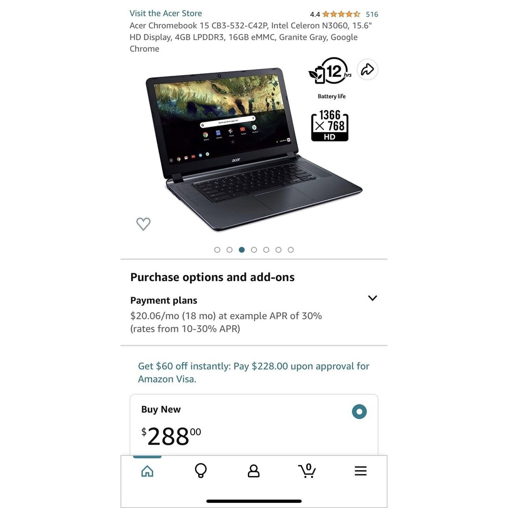 Acer Chromebook 15.6'' Laptop Intel CPU 1.60 GHz, 2GB RAM, 16GB SSD CB3-532-C47C - Picture 3 of 7